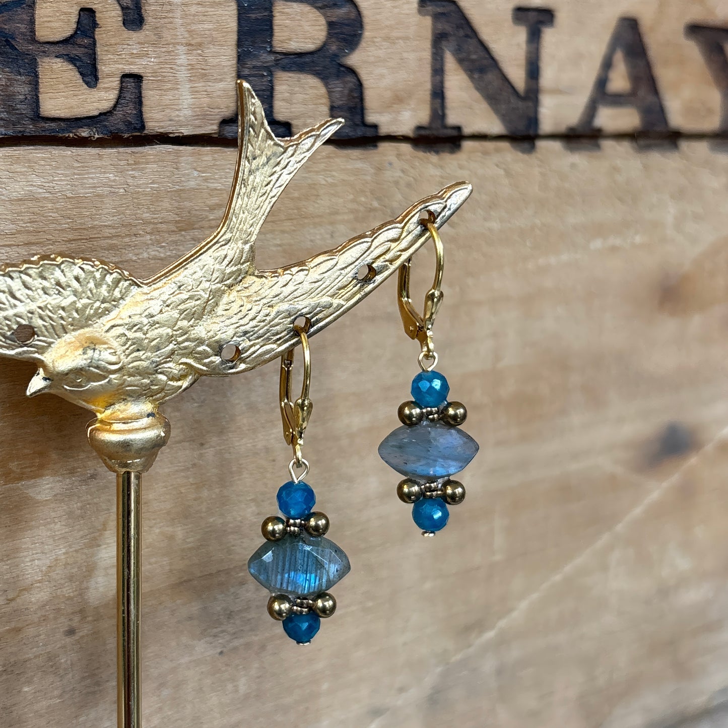 Labradorite Jewel with Brass Beads Drop Earrings