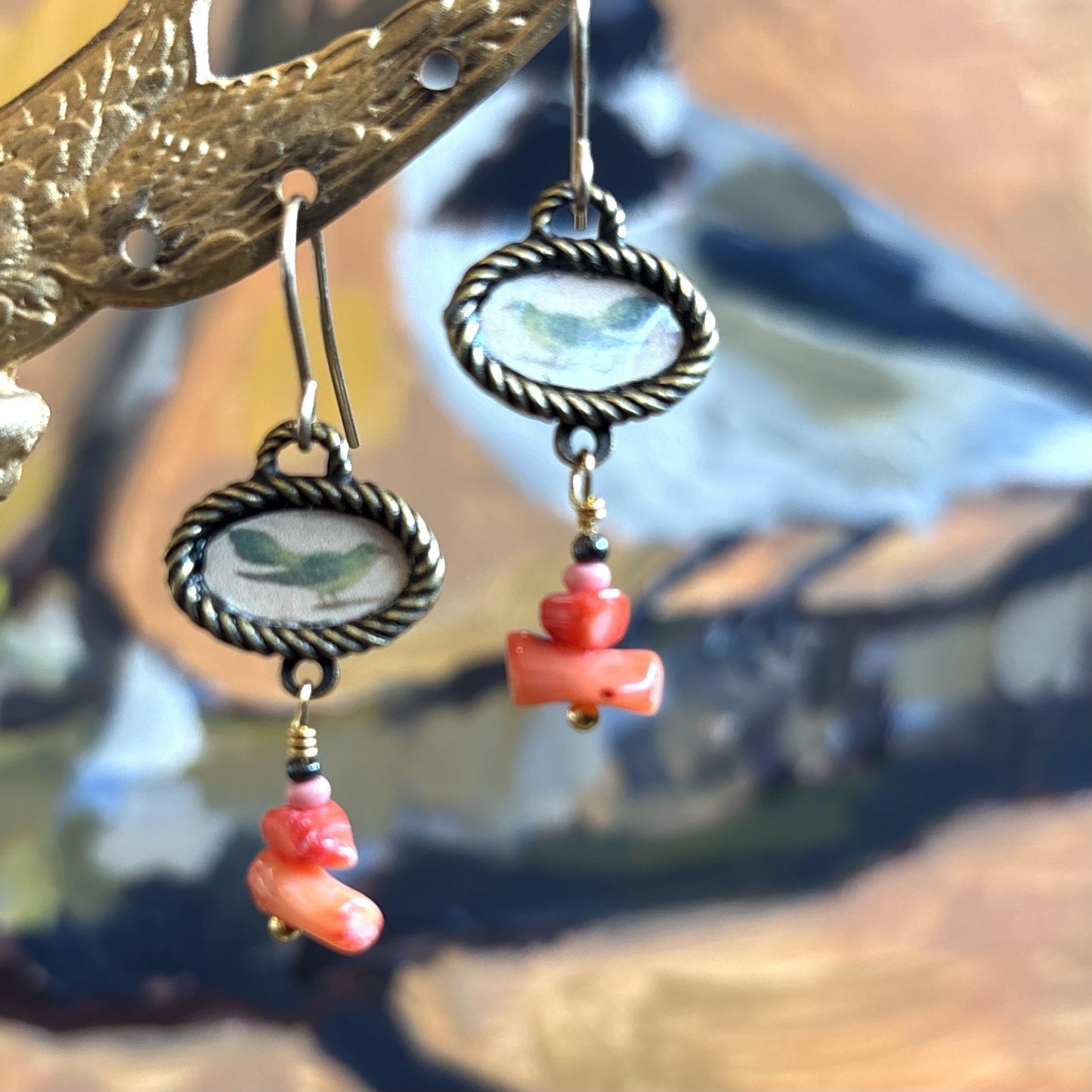 Bird with Coral Branches Earrings
