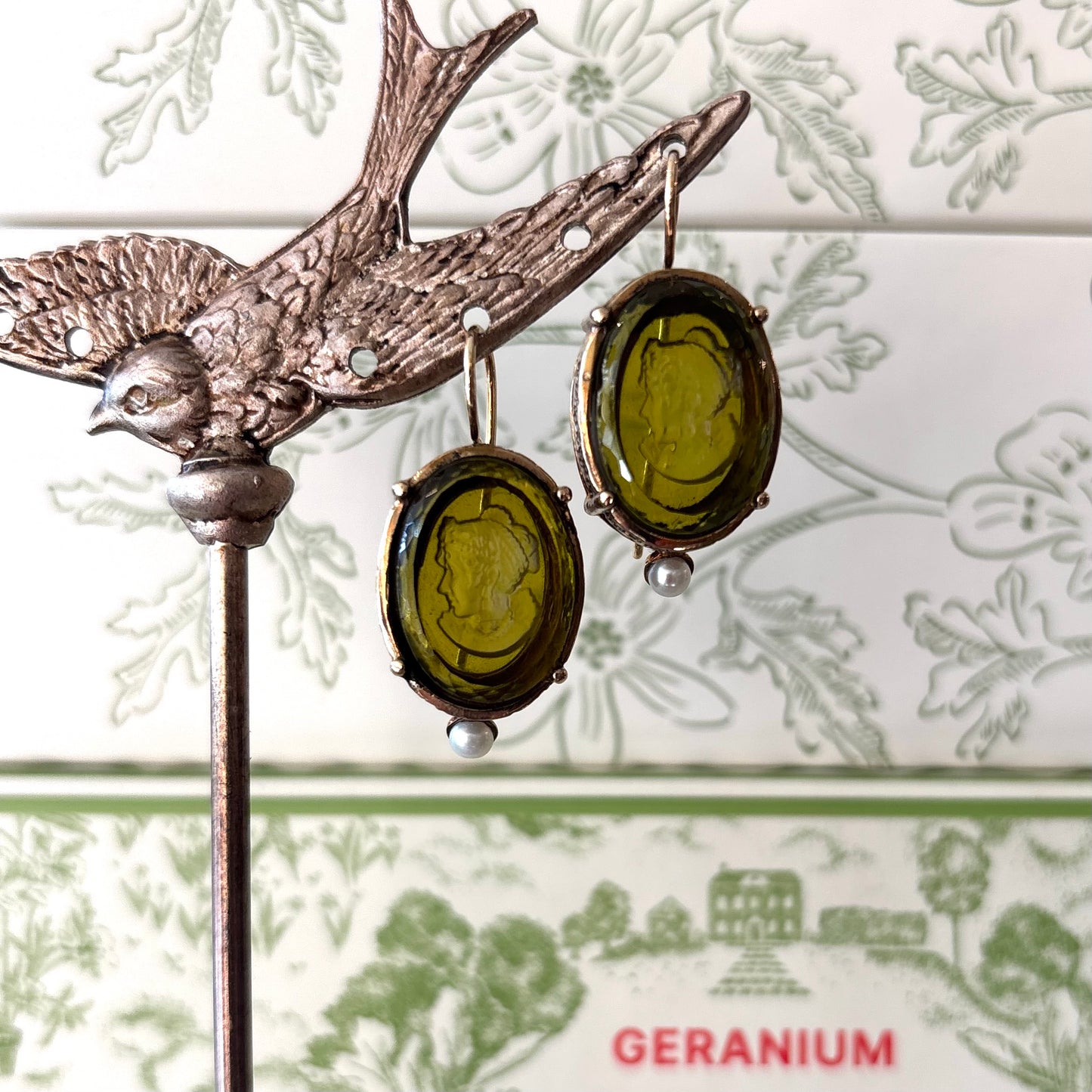 Green Intaglio with Pearl Earrings