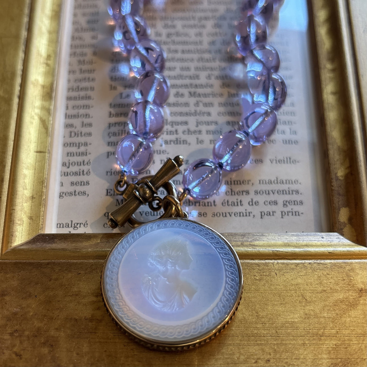 Milk Opal Intaglio with Blue Alexandrite Beads