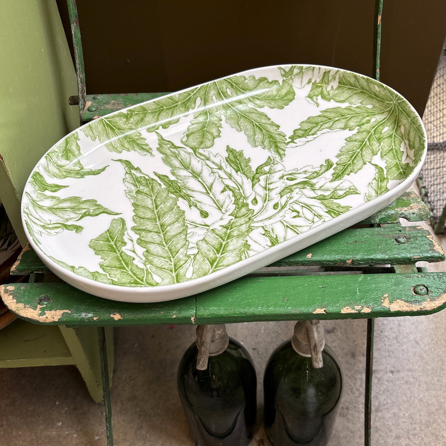 Green Floral Oval Platter