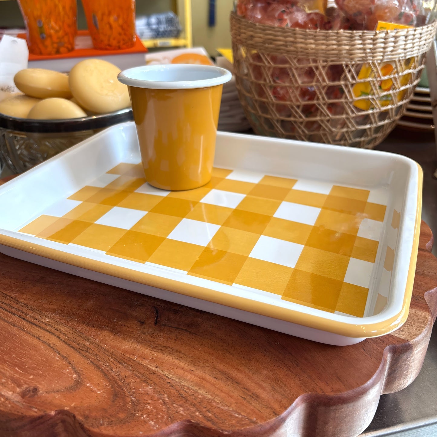 Yellow Gingham Enamel Tray