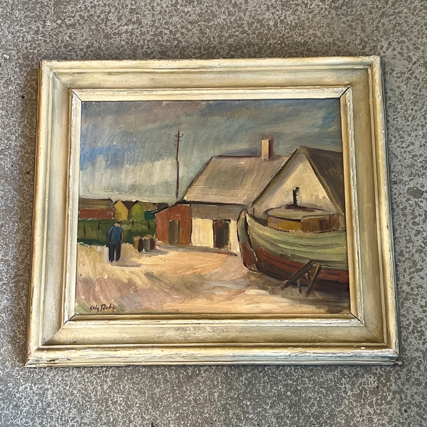 Vintage Boat on Shore Oil Painting