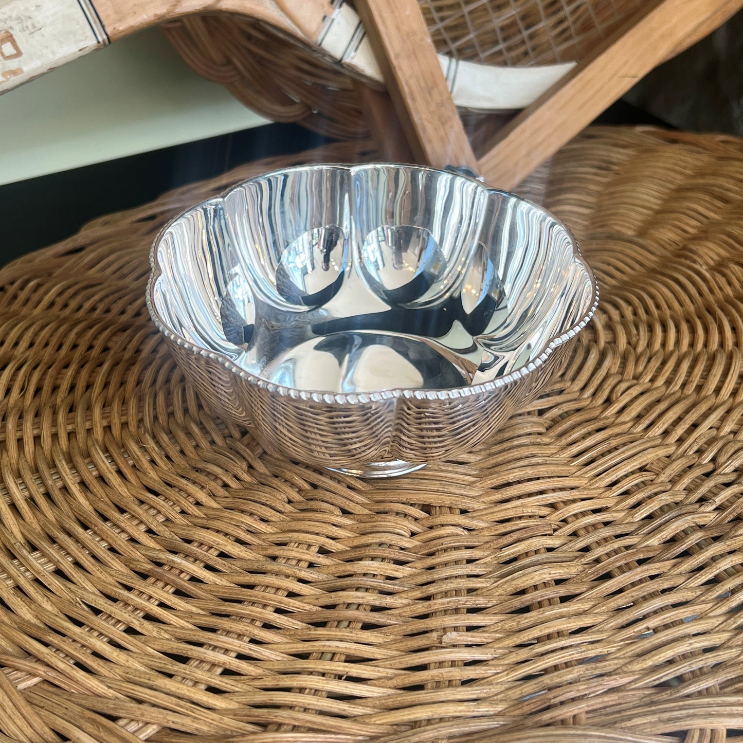 Vintage Hotel Silver Scalloped Pedestal Bowl, Beaded Top Rim