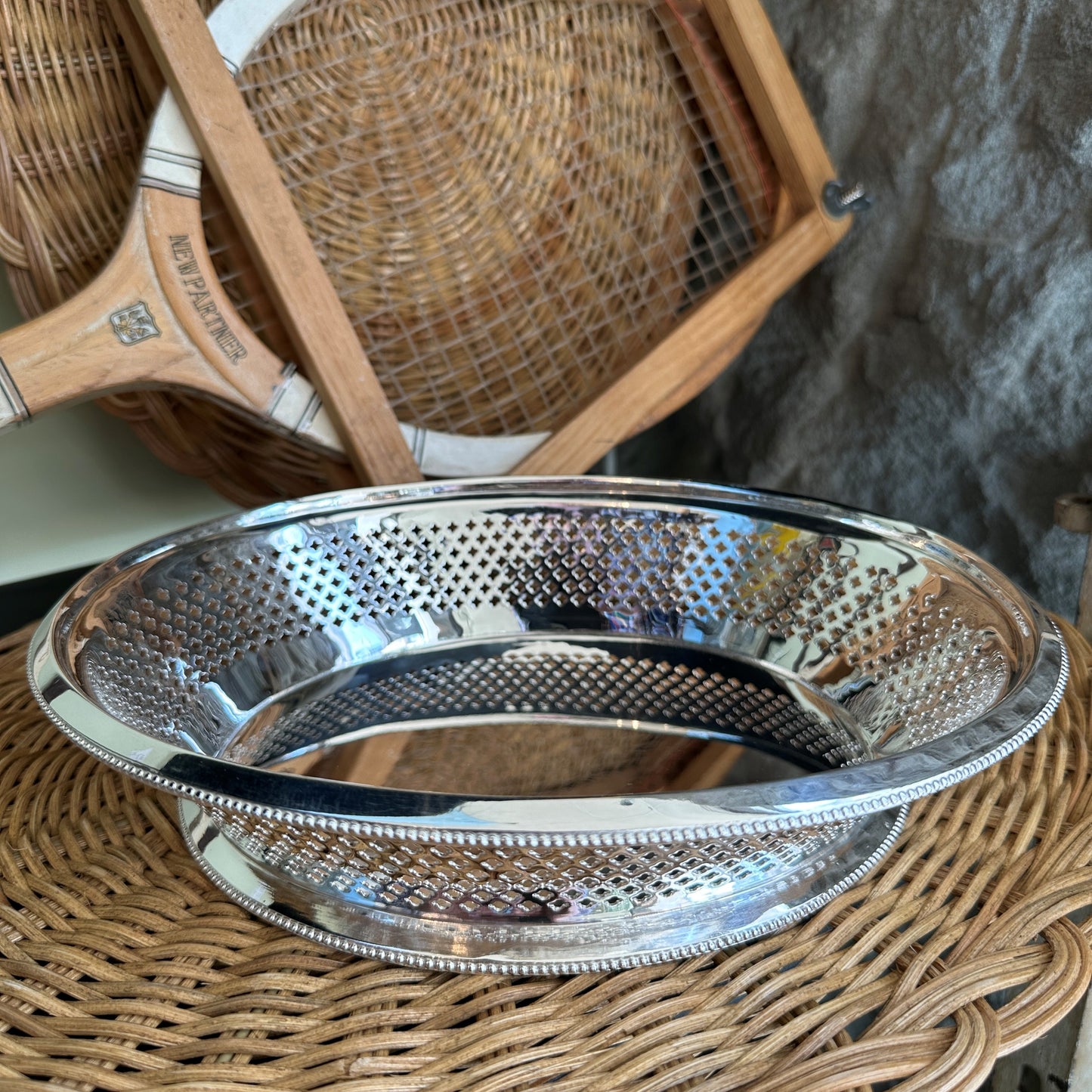 Vintage Hotel Silver Pierced Oval Bread Basket
