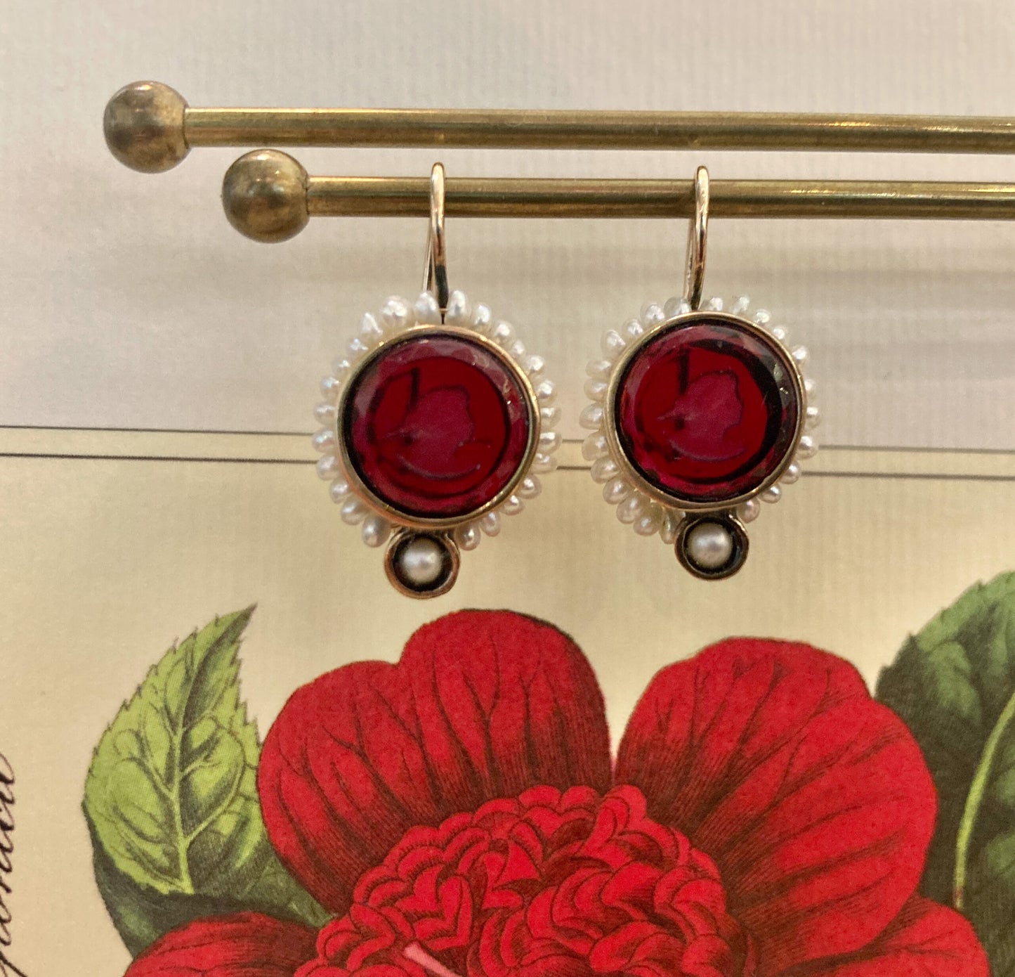 Red Intaglio Earring Wrapped with Pearl Beads