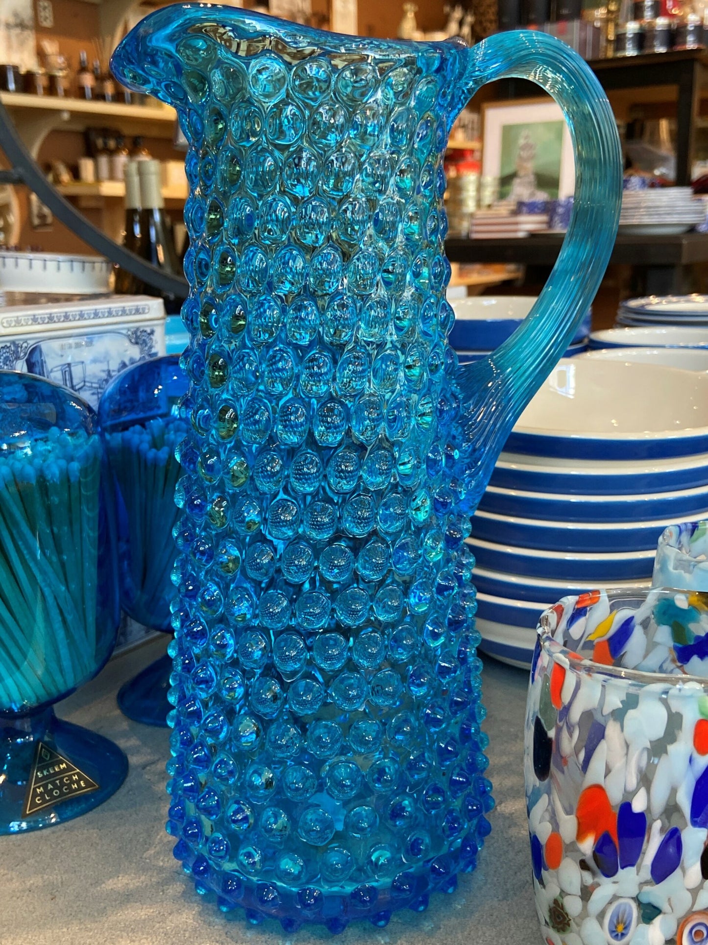 Tall Aqua Hobnail Pitcher