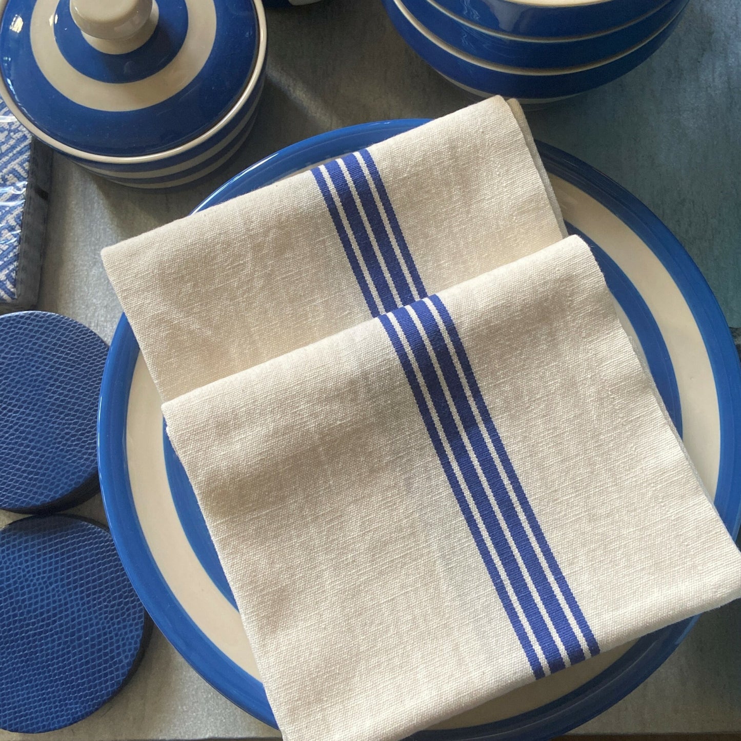 Piano Ivory & Blue Striped Tea Towel