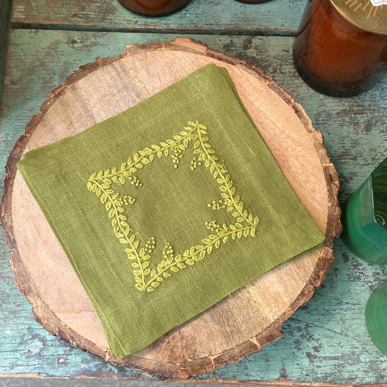 Embroidered Green Vine Cocktail Napkin Set