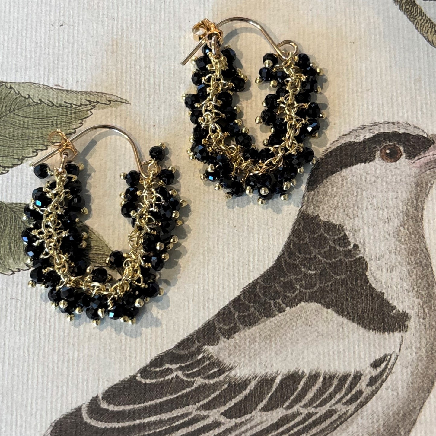 Black Spinel Fringe Hoop Earrings