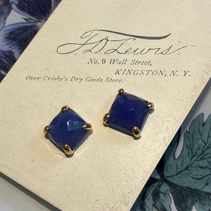 Medium Four Prong Post Earrings, Royal Blue Chalcedony