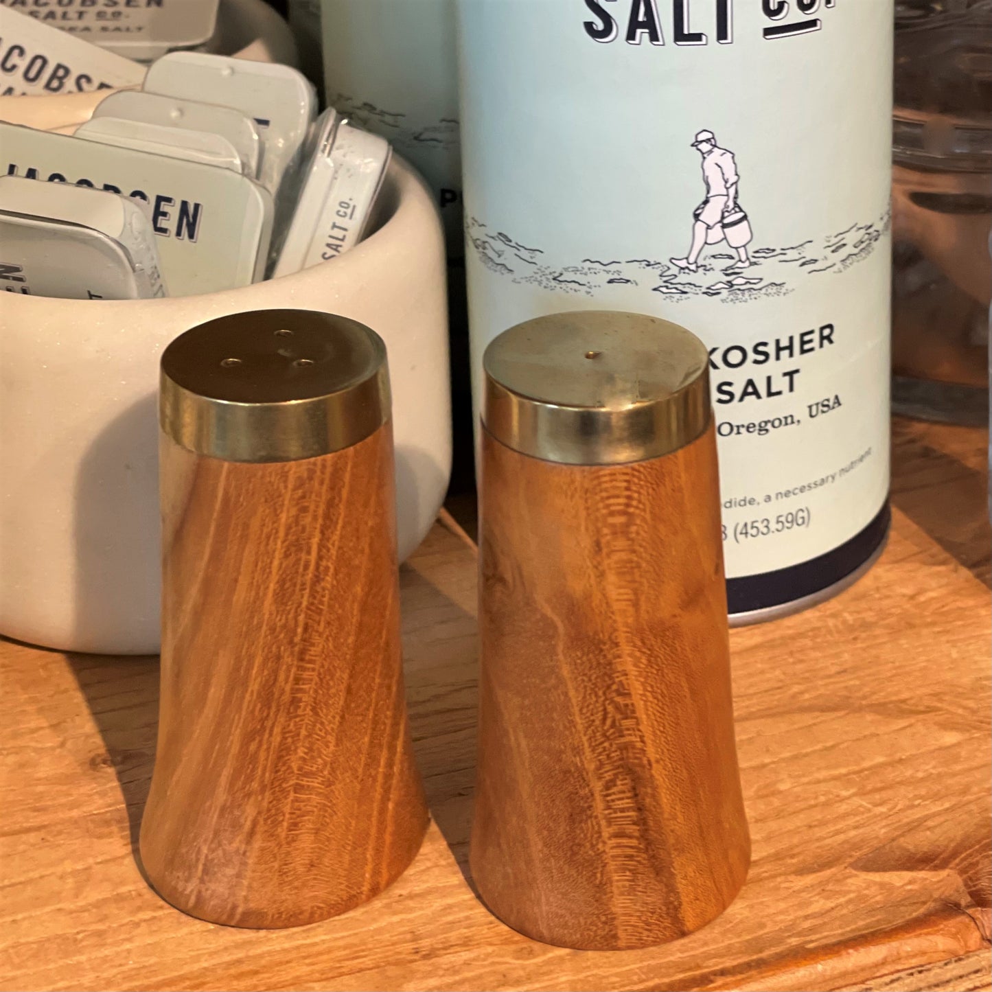 Teak Salt & Pepper Set with Gold Top