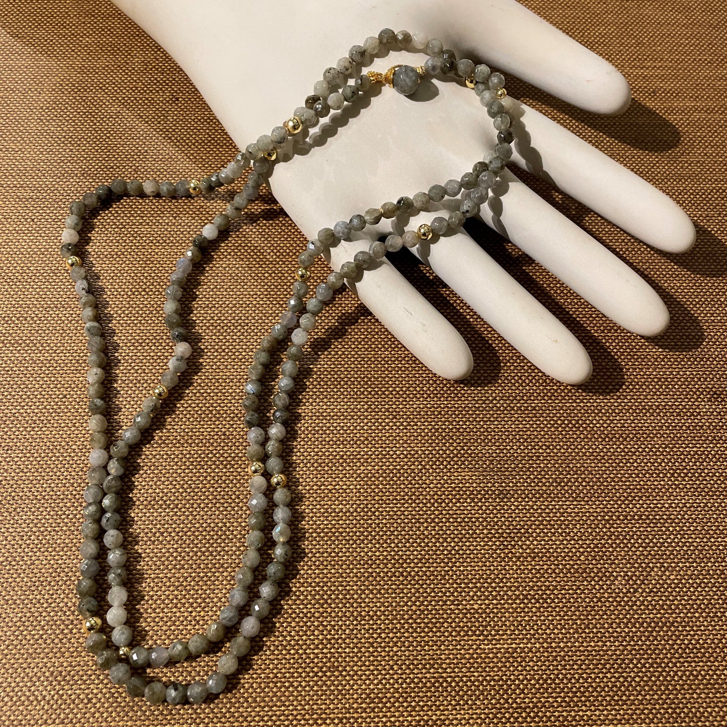 Long Labradorite Gold Bead Necklace