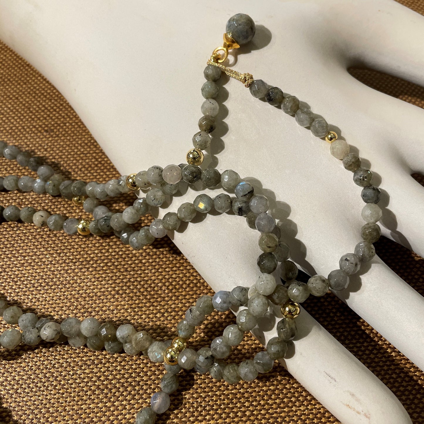 Long Labradorite Gold Bead Necklace