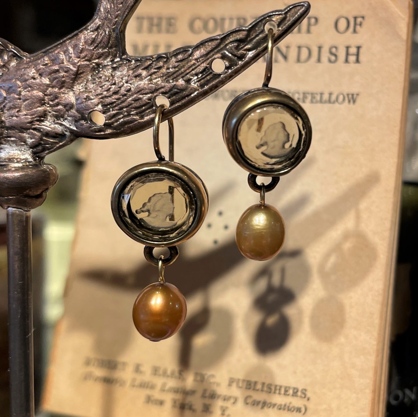 Smoky Topaz Intaglio Earring with Pearl