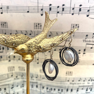 Oxidized Silver Coin Pearl Earrings