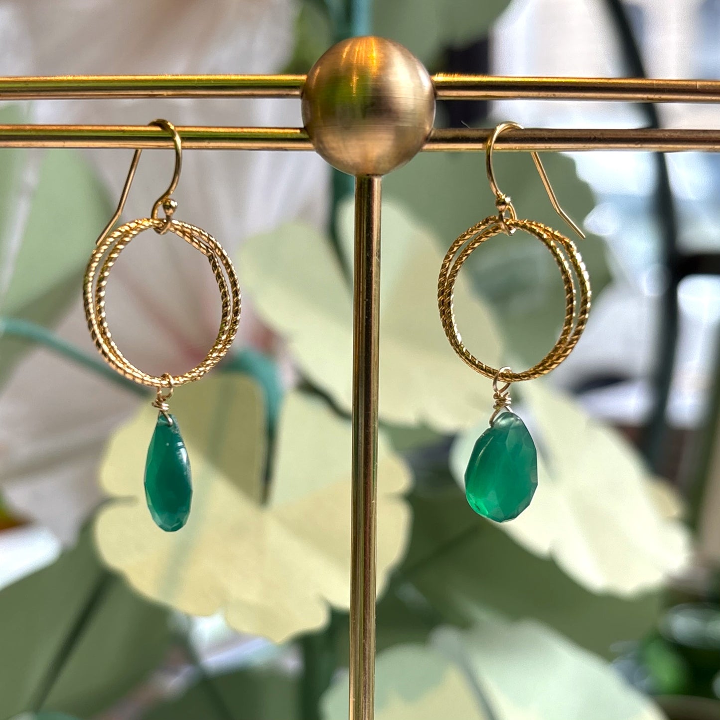 Twisted Hoop Green Chalcedony Drop Earrings