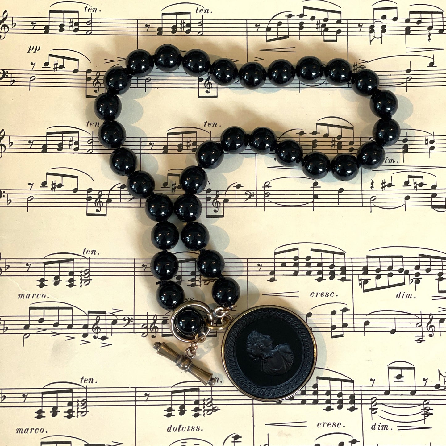 Jet Intaglio Black Bead Necklace