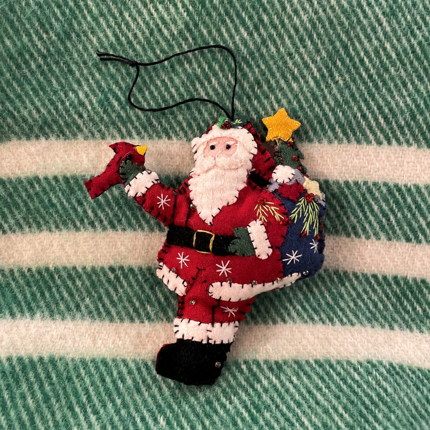 Hand Stitched Santa with Blue Bag Ornament