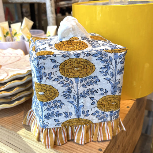 Yellow Blockprint Ruffle Tissue Box Cover