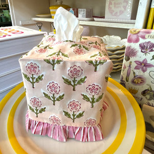 Pink Blockprint Ruffle Tissue Box Cover