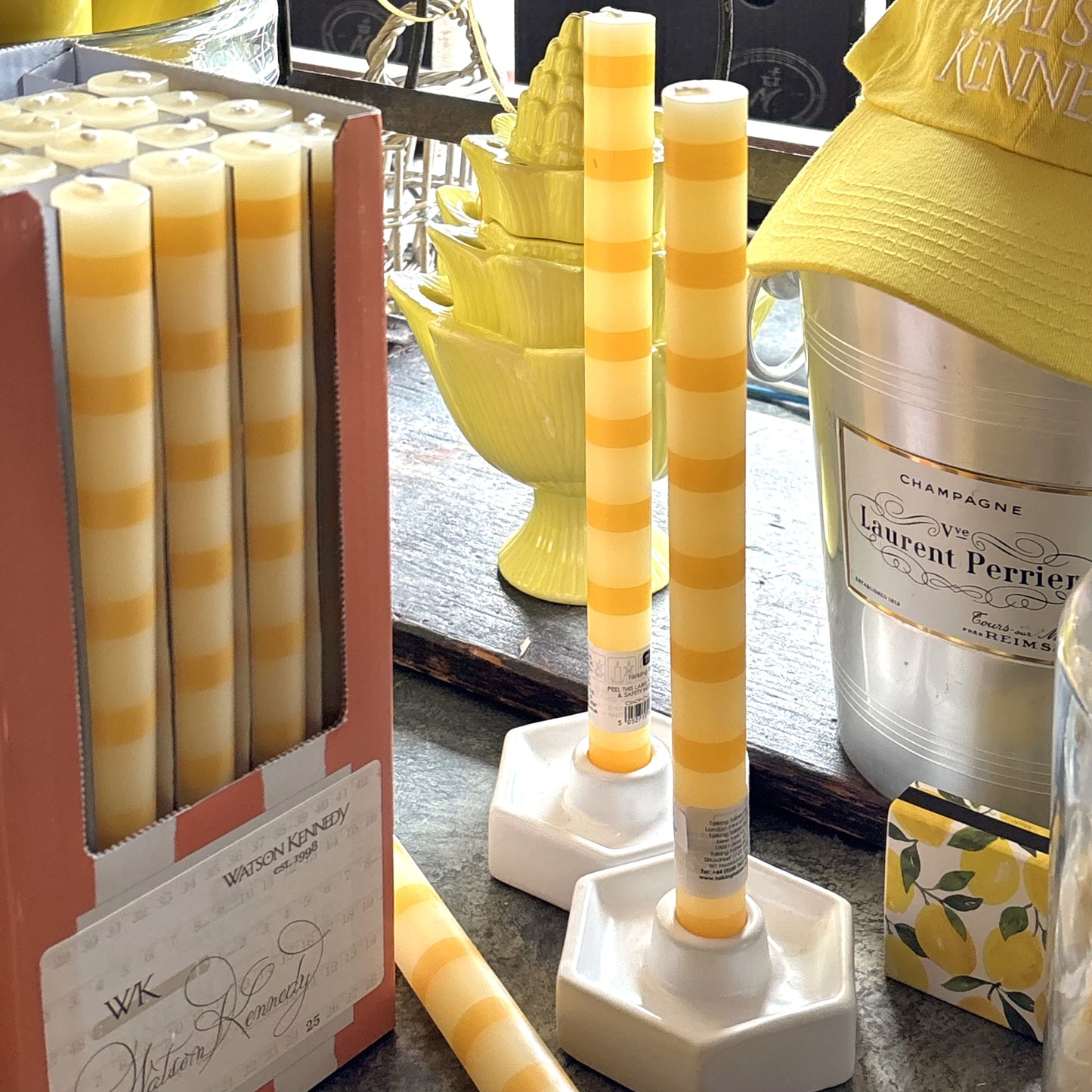Yellow Stripe Taper Dinner Candles