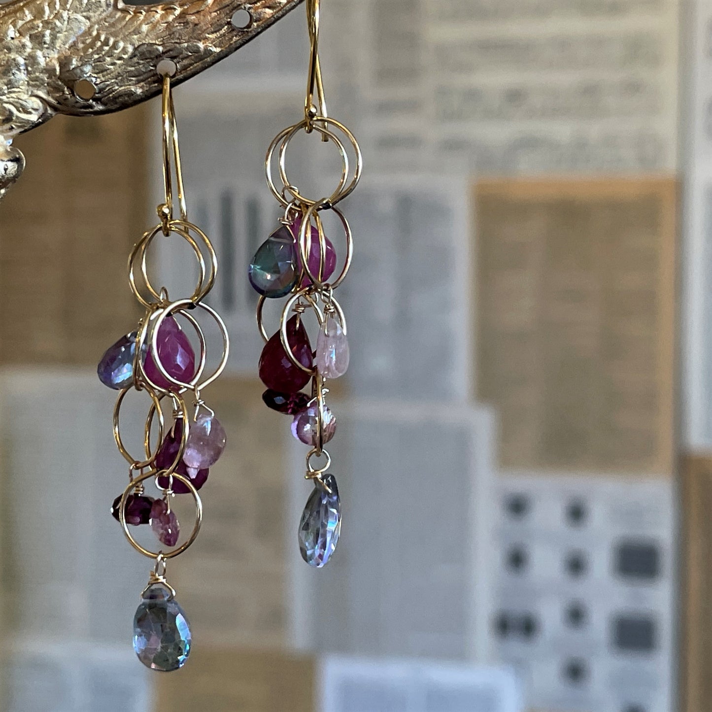 Long Pink Topaz & Garnet Earrings