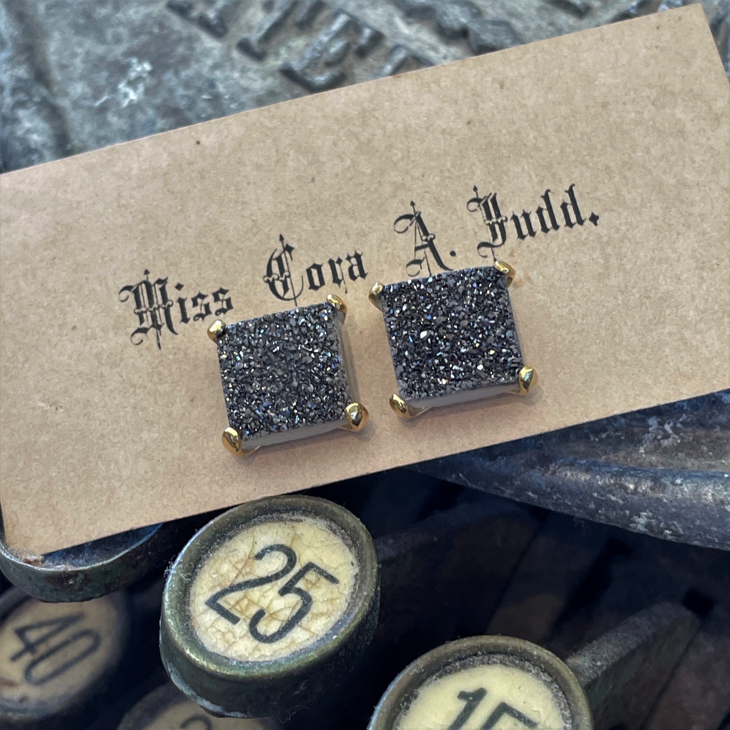 Medium Four Prong Earrings, Black Druzy