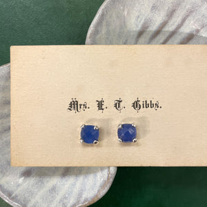 Small Four Prong Earrings, Royal Blue Chalcedony