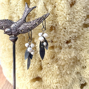 Oxidized Silver Petals & Pearls Earrings