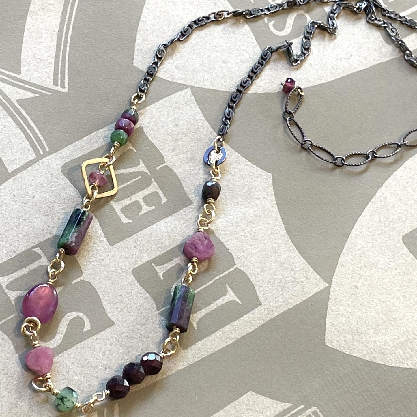 Multi Gems With Gold & Oxidized Silver Chain