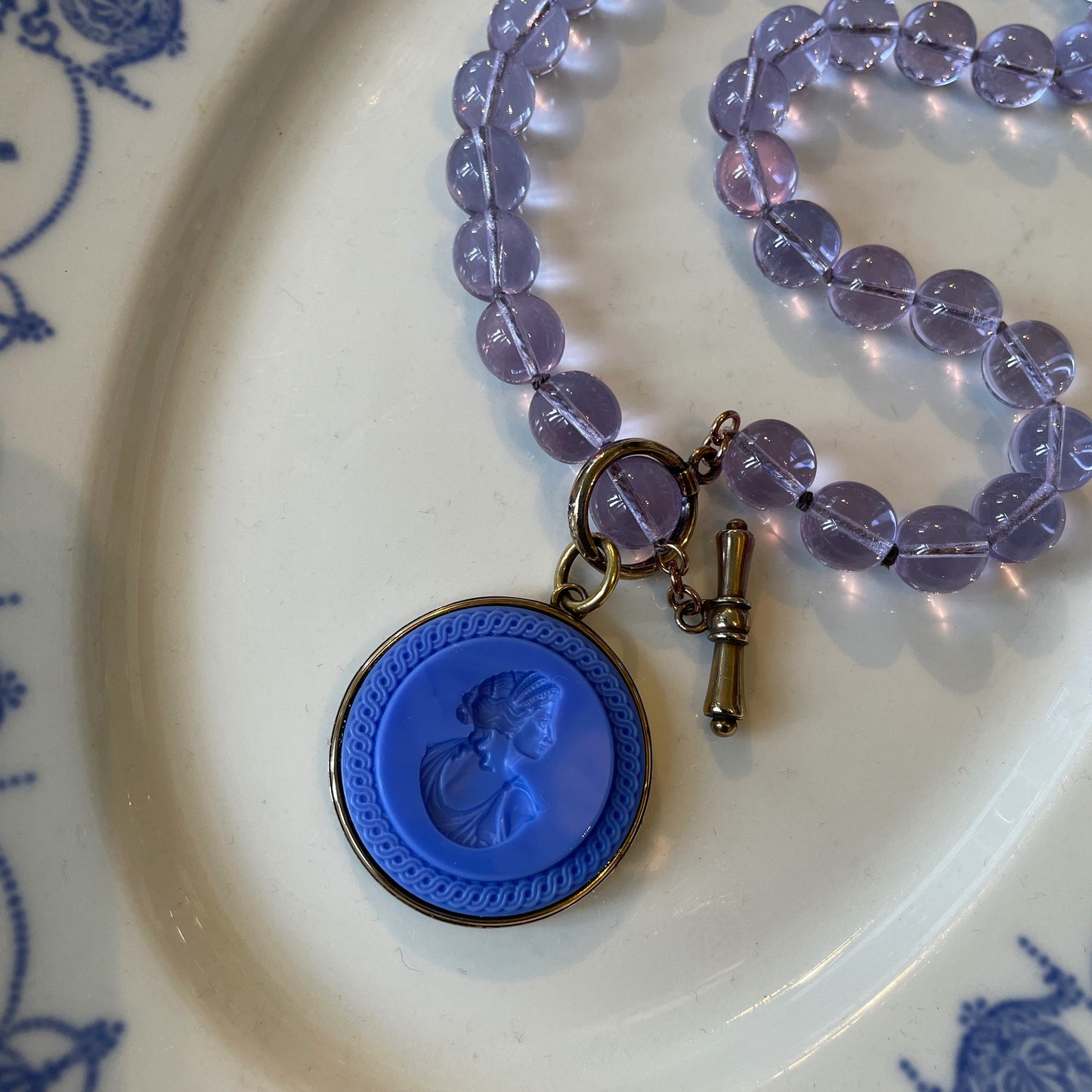 French Blue Intaglio Periwinkle Glass Bead Necklace