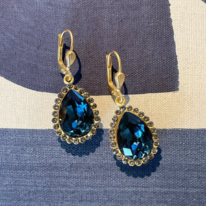 Dark Blue Crystal Teardrop With Stone Border Earrings