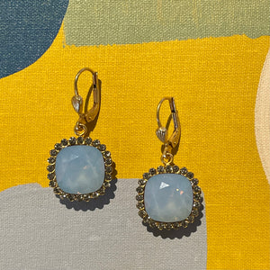 Square Blue Opalescent  With Crystal Border Earrings