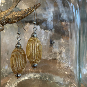 Gold Oval Mesh Earrings With Rhodium Beads