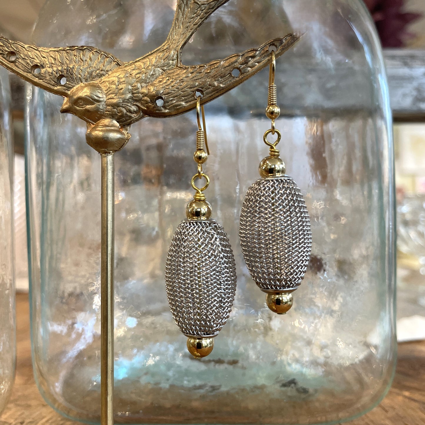 Rhodium Oval Mesh Earrings With Gold Beads