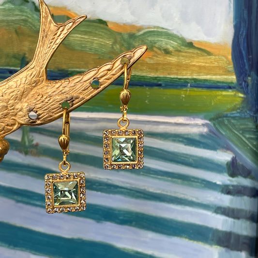 Aqua Squares Rhinestone Border Earrings