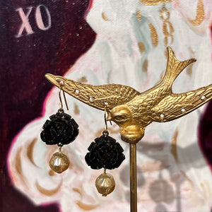 Black Rose With Pearl Drop Earrings