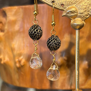 Mesh Ball with Rutilated Quartz Teardrop Earrings