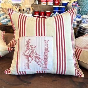 Striped Pillow Toile Square "N" on Vintage French Fabric