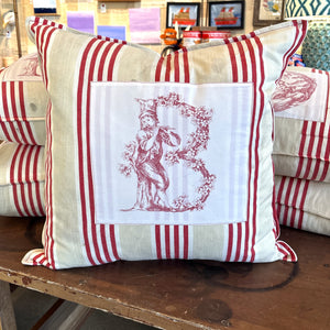 Striped Pillow Toile Square "B" on Vintage French Fabric