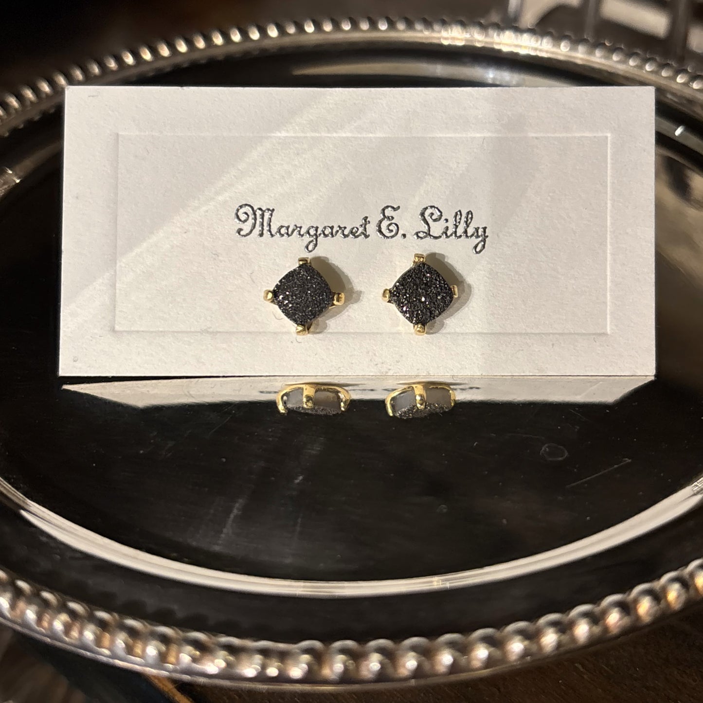 Small Four Prong Earrings, Black Druzy