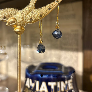 Tiny Indigo Kyanite with Gold Bead Earrings