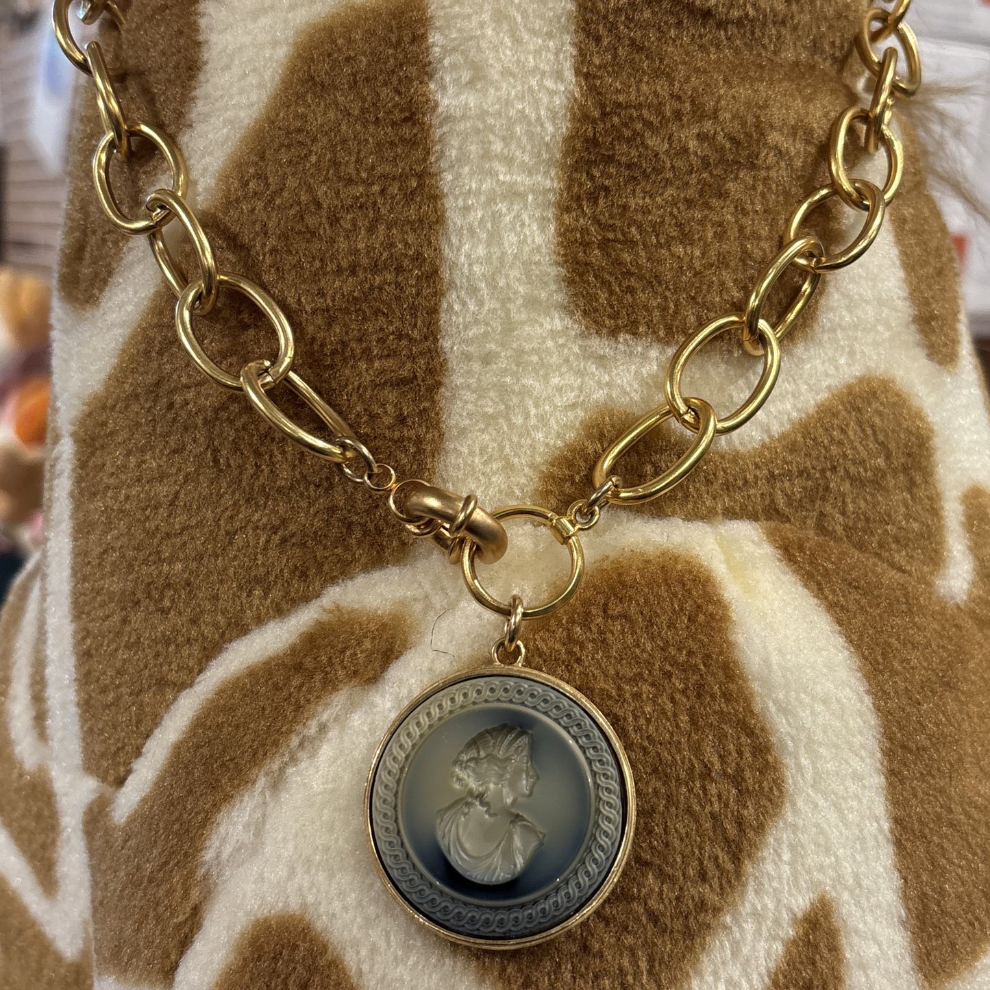 Slate Glass Intaglio with Gold Chain Necklace