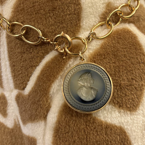 Slate Glass Intaglio with Gold Chain Necklace