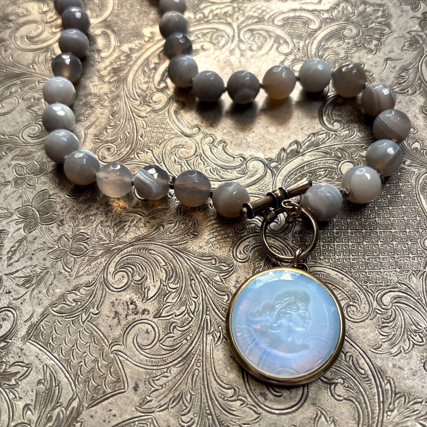 Opalite Intaglio with Agate Beads Necklace