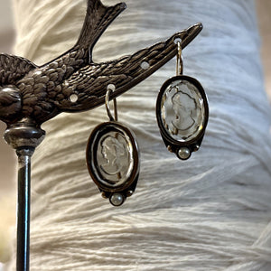 Smokey Grey Intaglio with Pearl Earrings