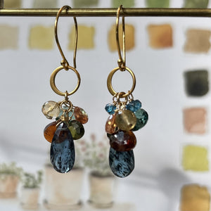 Kyanite Drop, Garnet and Citrine Cluster Earrings
