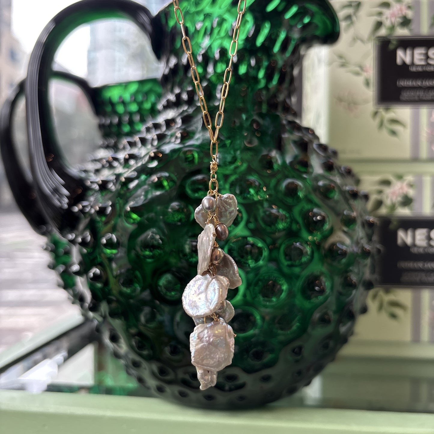Keishi Pearl Cascade on Gold Chain Necklace