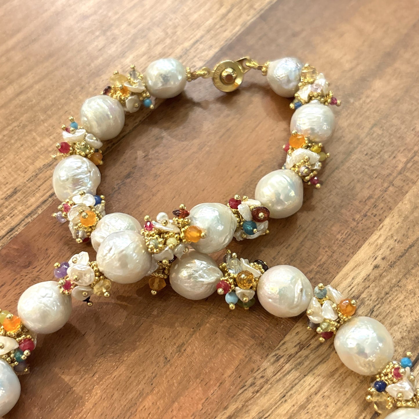 White Baroque Pearl Necklace with Rainbow Clusters